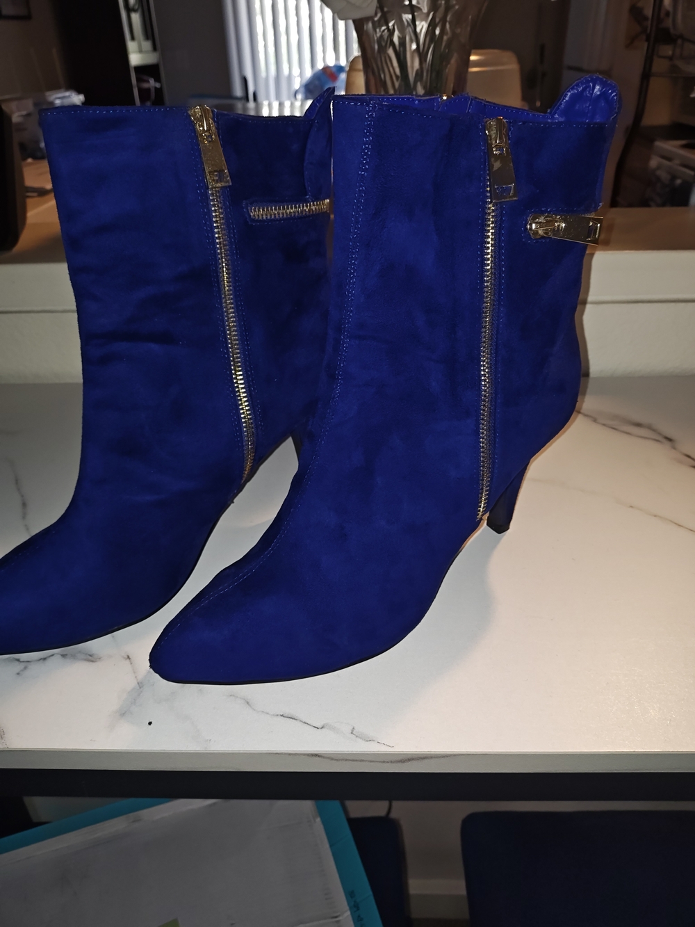 Blue Microfiber Pointed-Toe Ankle Boots with Gold Zipper